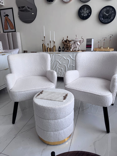 Boucle  chair with Round Stool