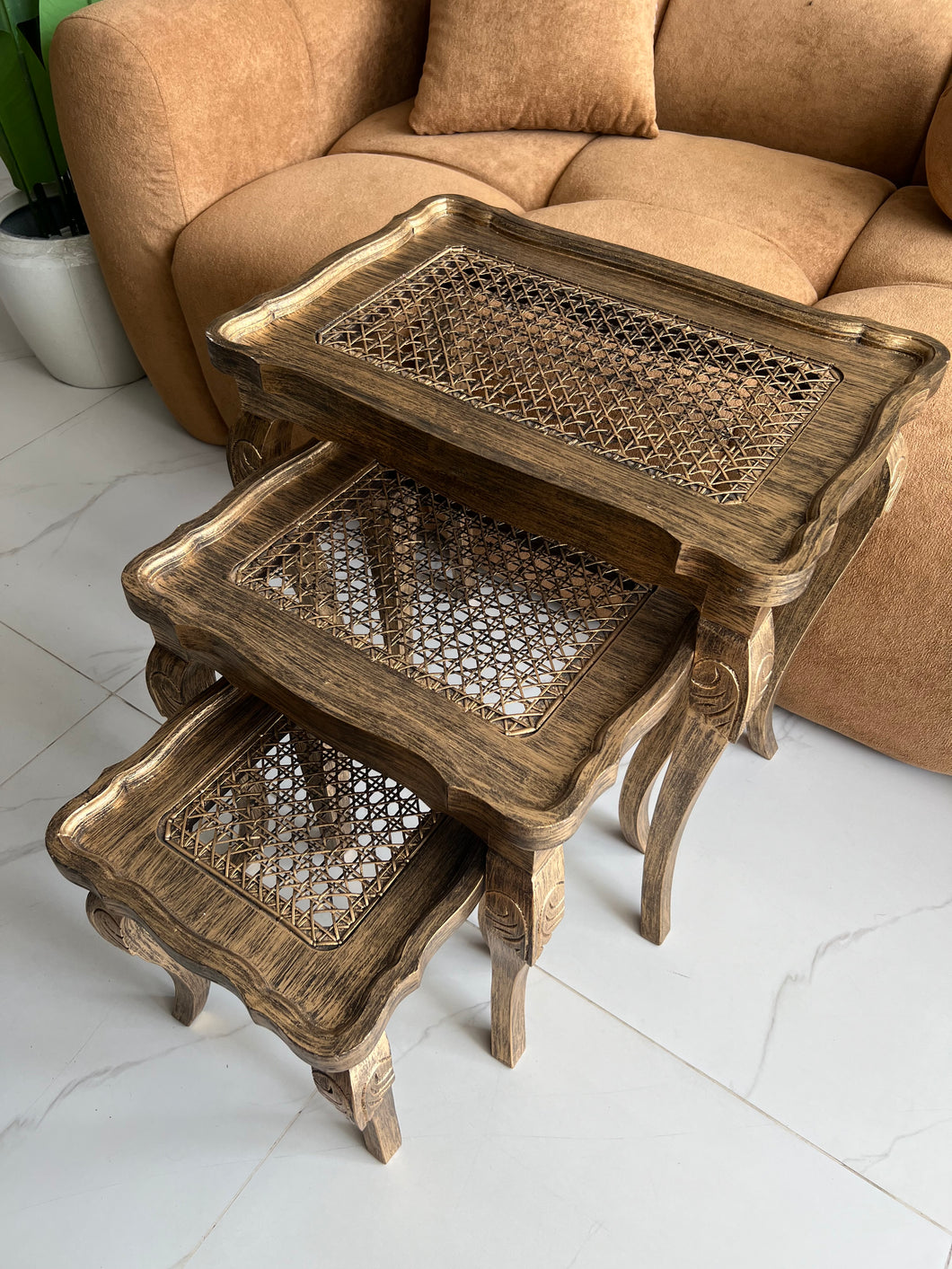 Cane Brown panther nesting table set of 3