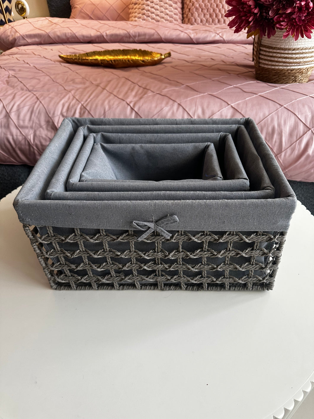 Grey Hand Woven Rattan Storage Baskets