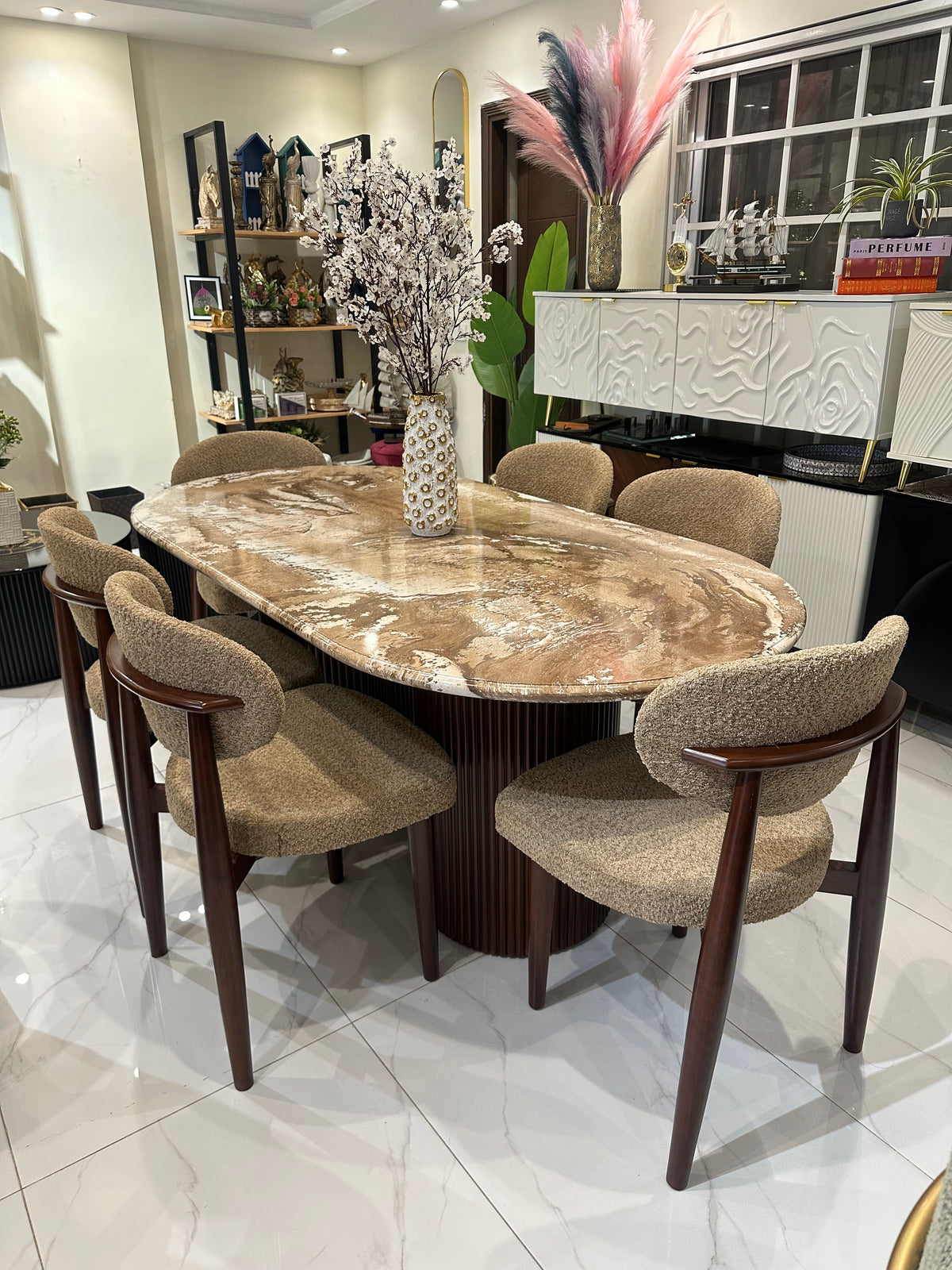 Marble Texture Dining table with Woody Chairs 04