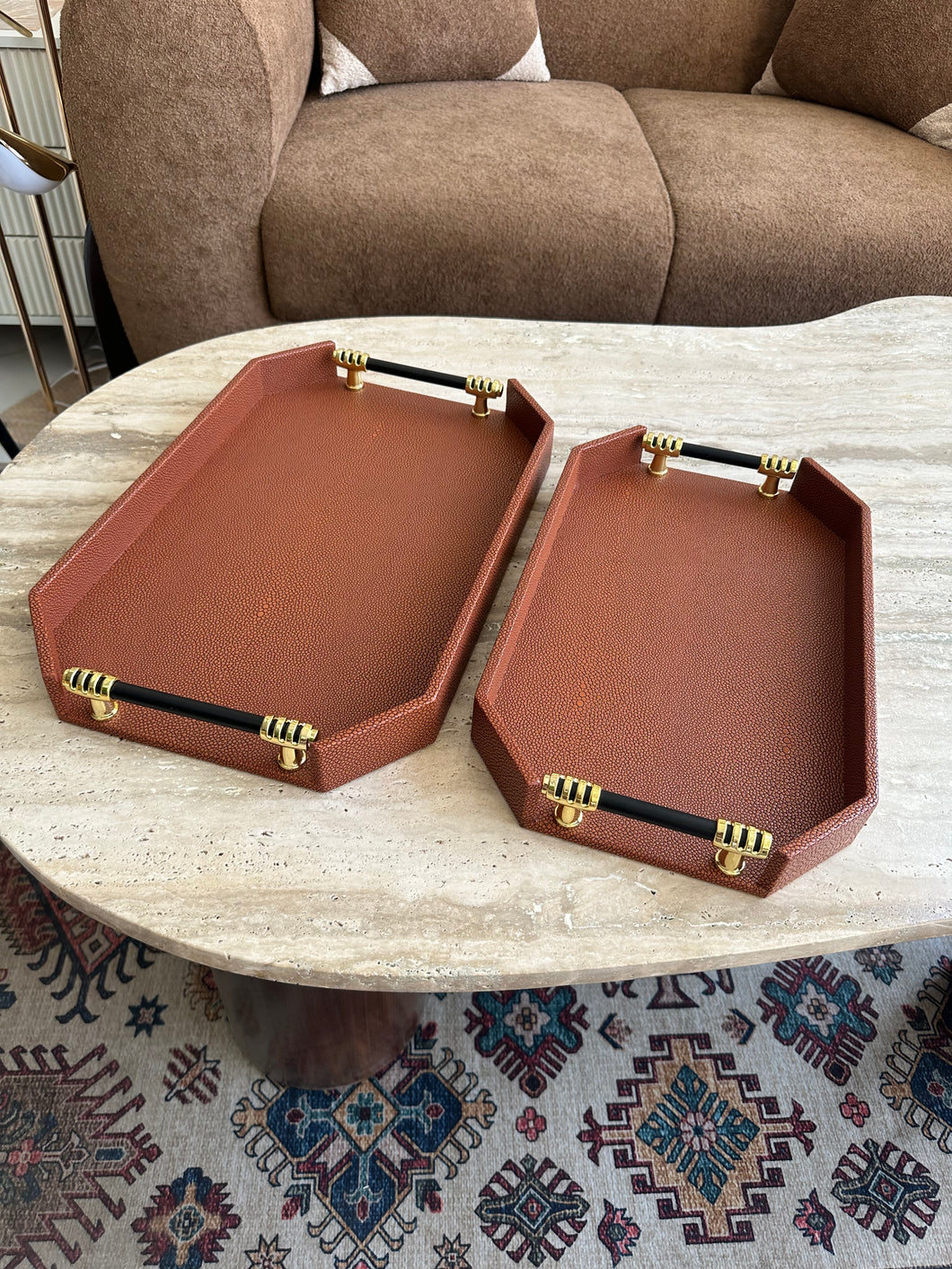 Antique Brown Leather Tray set with Gold handles 019