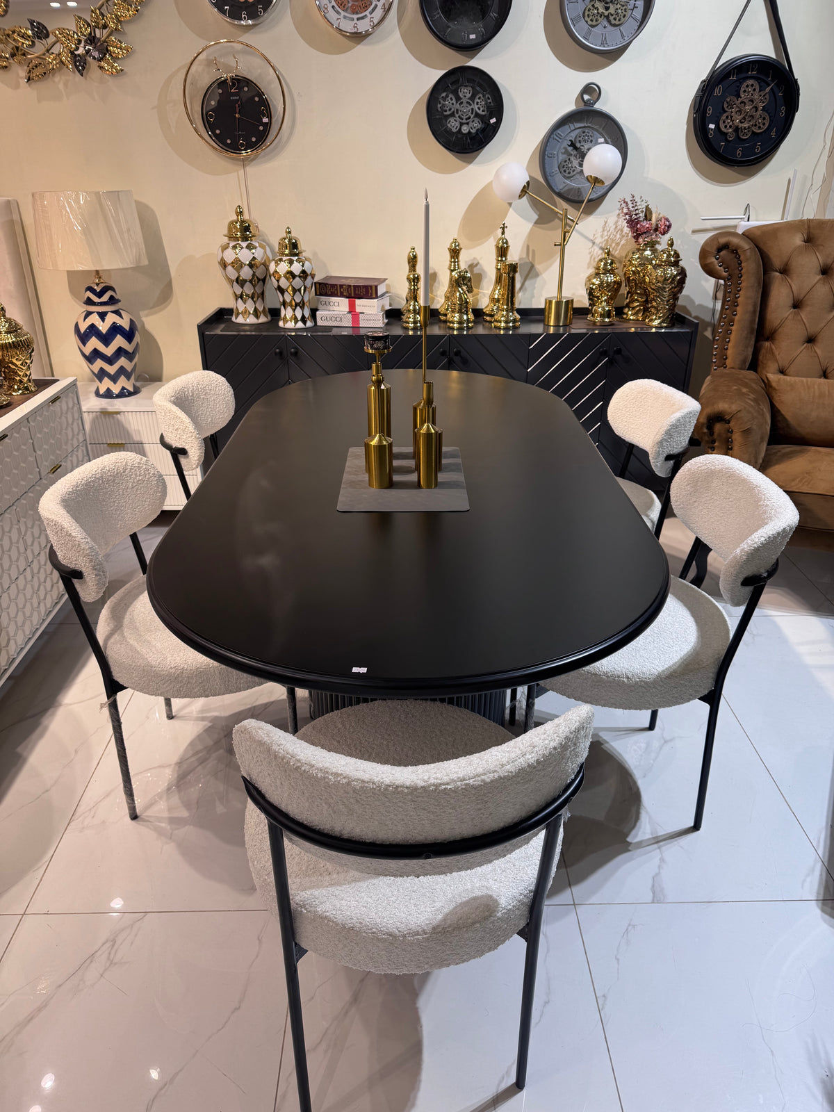 Black Table  Boucle Dining Table