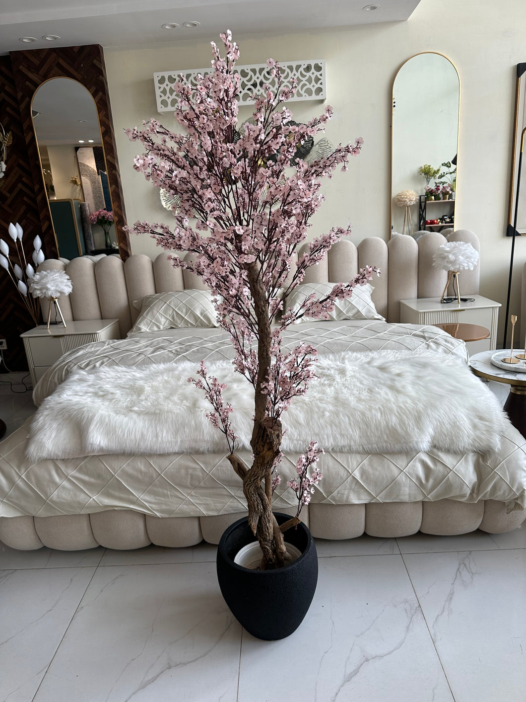 Faux Eucalyptus light pink flower Plant (medium) with Hugo planter Black