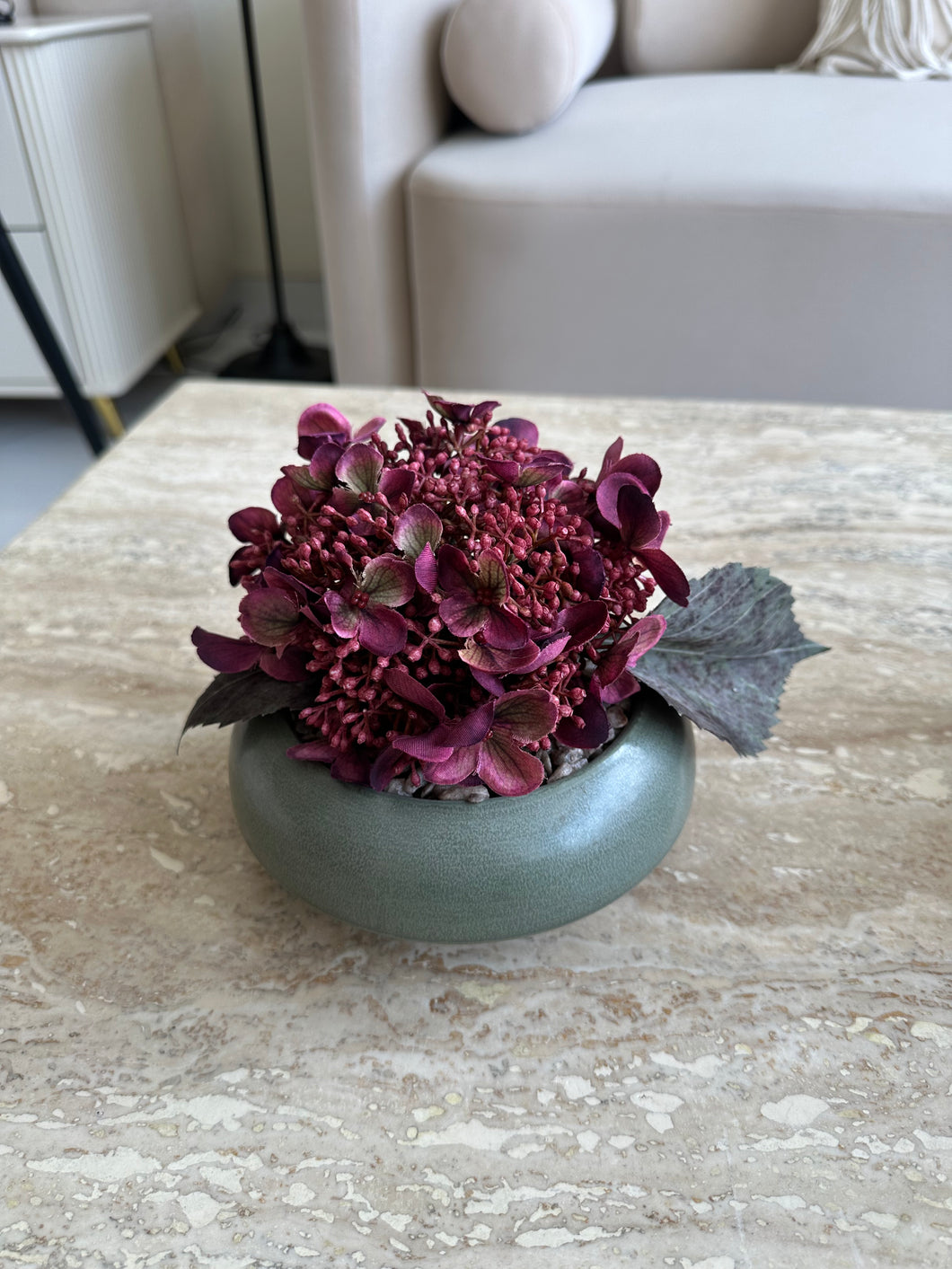 Pink Hydrangeas in Ceramic Planter