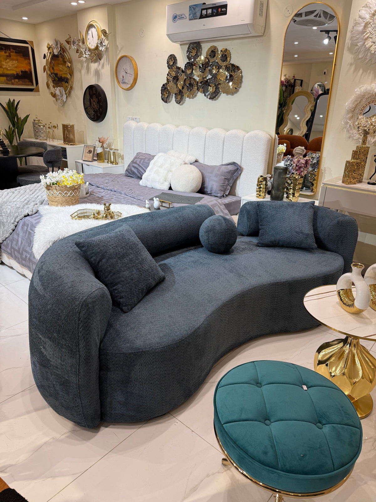Blue Isle boucle curved sofa