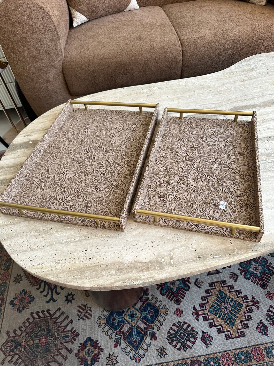 Taupe Leather Tray set with design 018