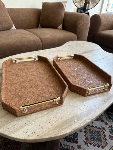 Brown Leather Tray set with design 021