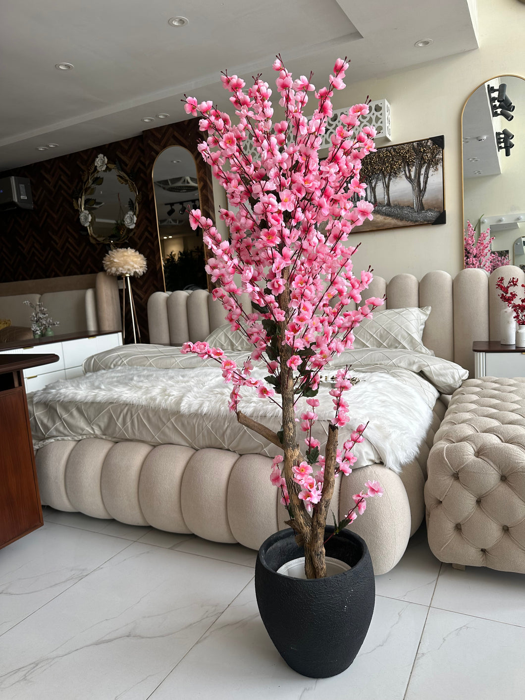 Light Pink Blossom Flower Plant with textured Planter Black