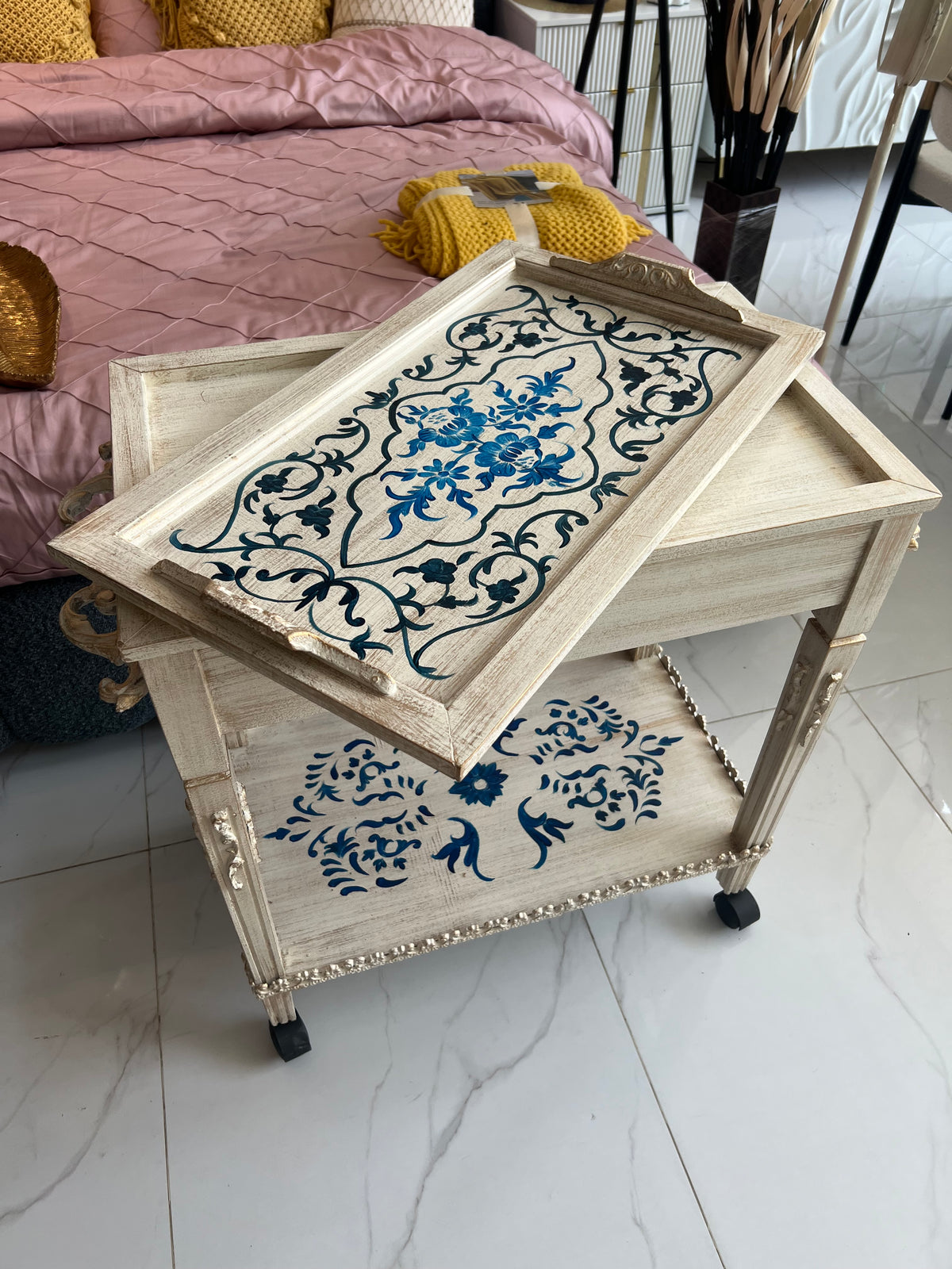 Sofia Blue and white detachable Wooden Trolley