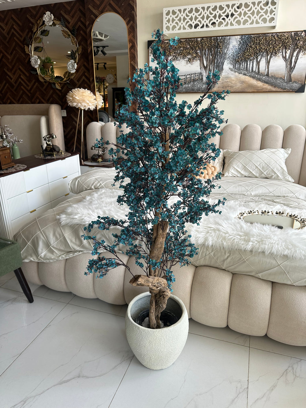 Faux Eucalyptus Blue flower Plant (medium) with Hugo planter White
