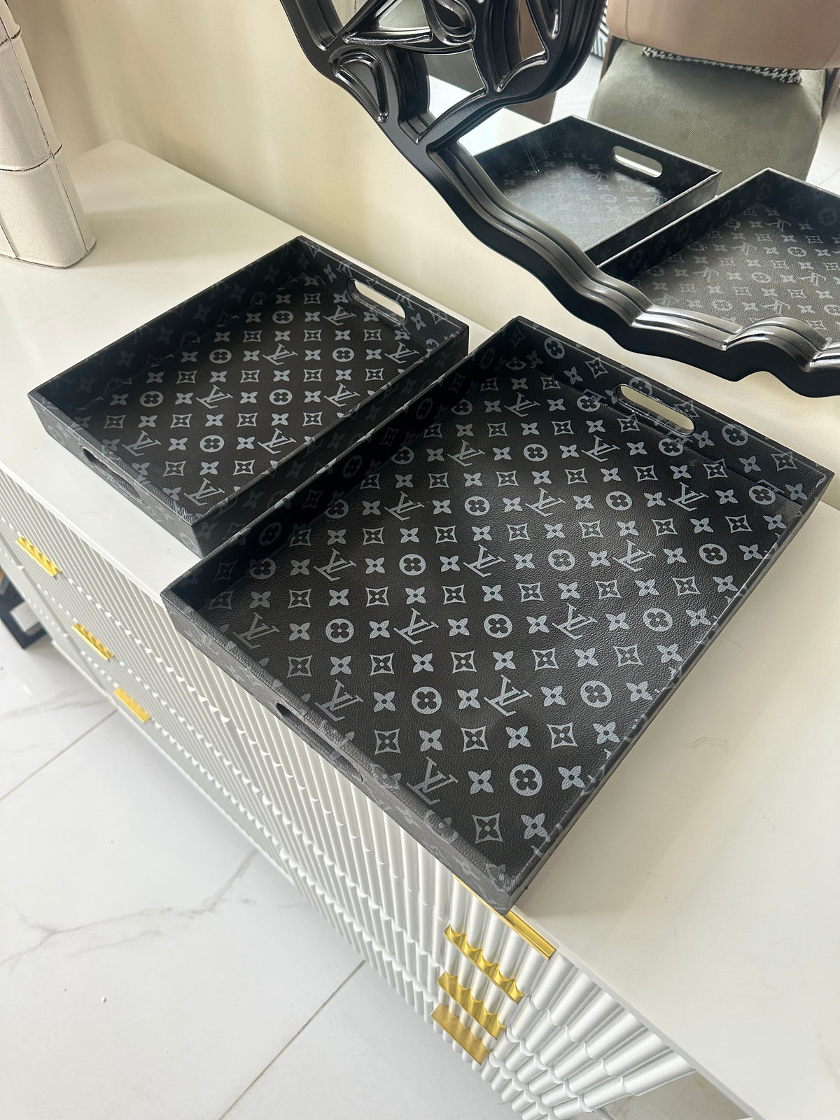 Leather Tray set Printed Black