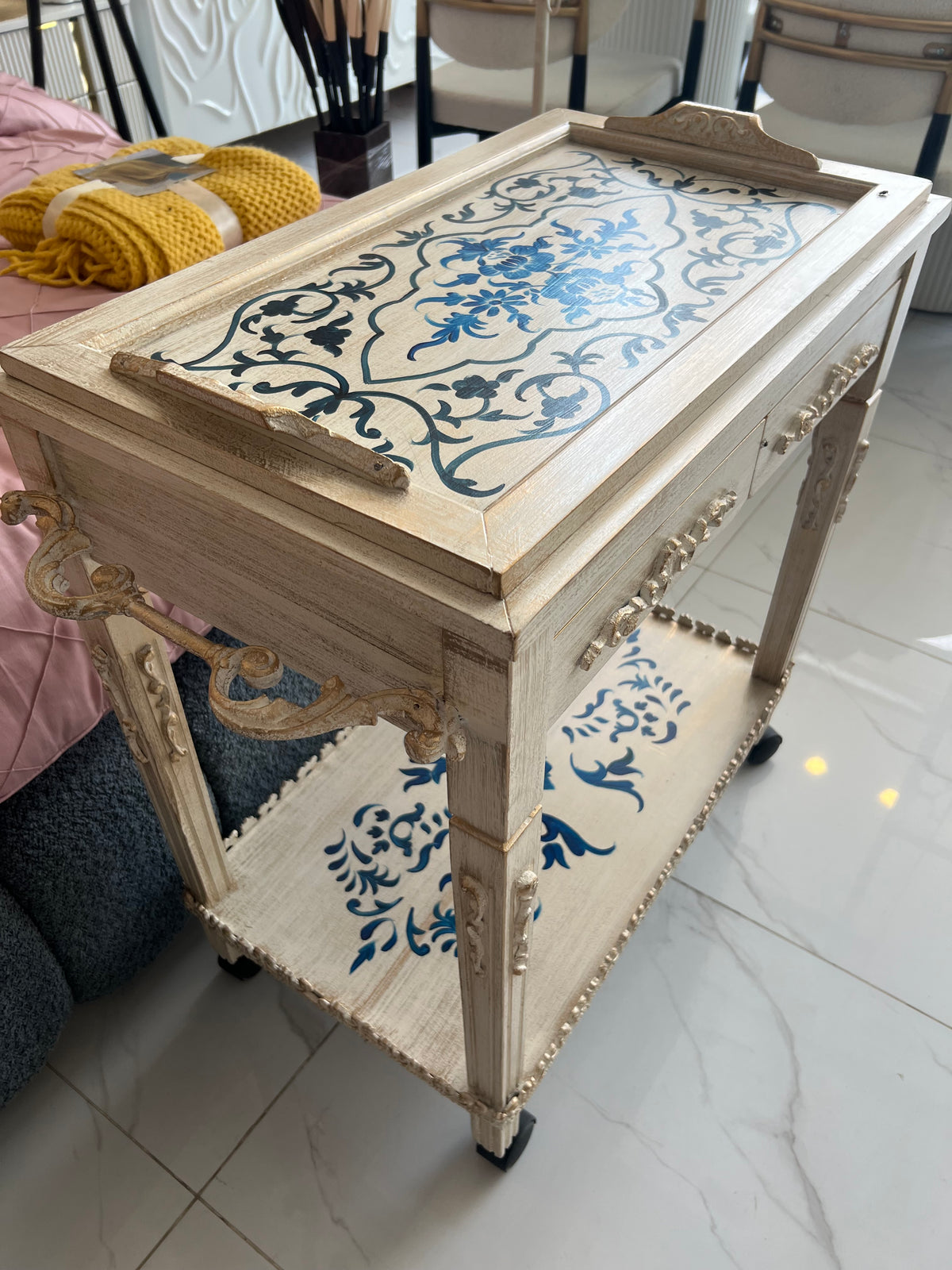 Sofia Blue and white detachable Wooden Trolley