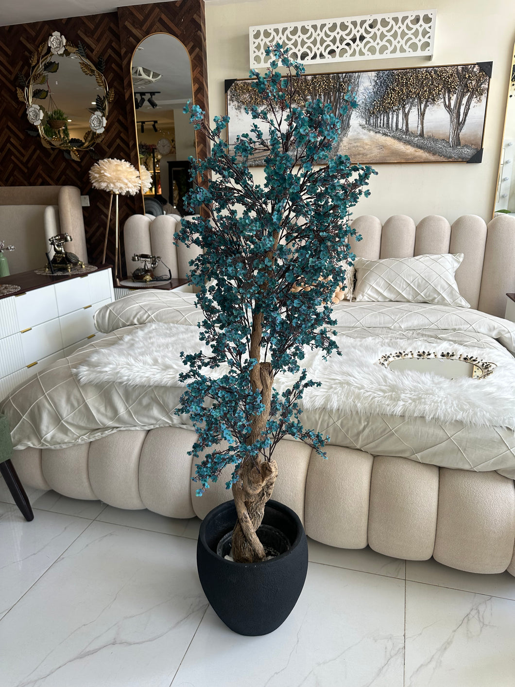 Faux Eucalyptus Blue flower Plant (medium) with Hugo planter Black