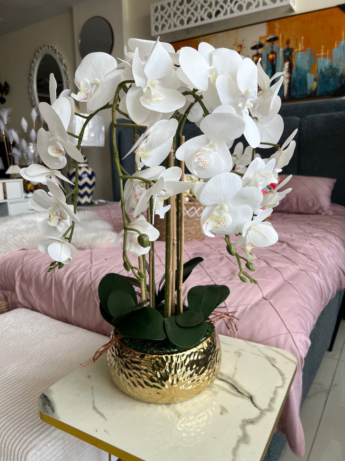 Orchids Flower Arrangement in Gold pot