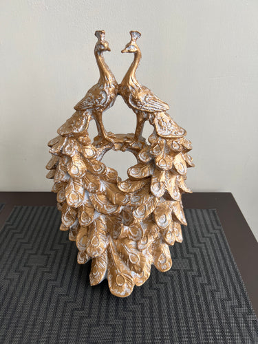 Twin Peacocks Sculpture White Antique