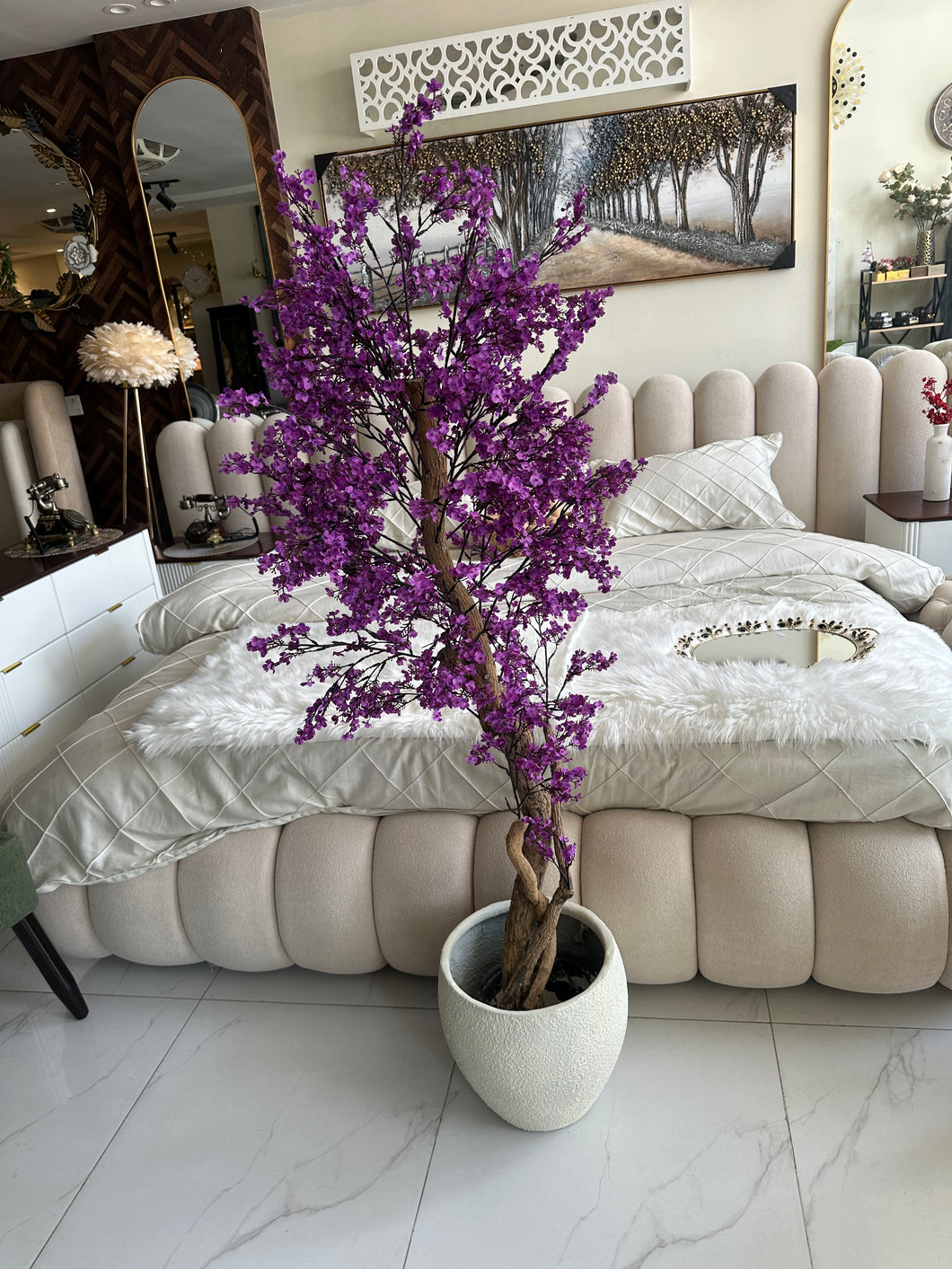 Faux Eucalyptus Purple flower Plant (medium) with Hugo planter White