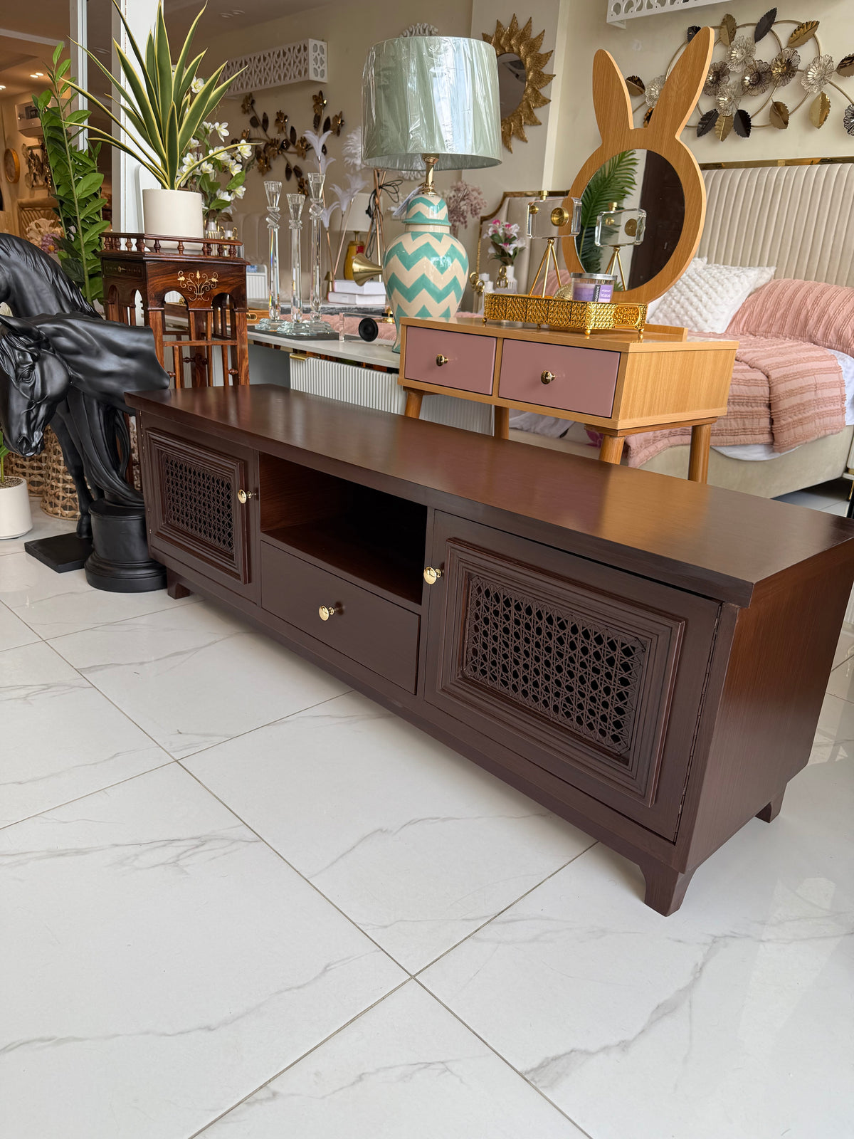 Brown cane tv console