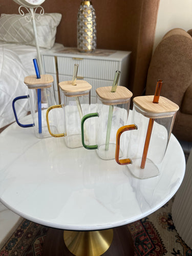 Square glass mug Wooden lids