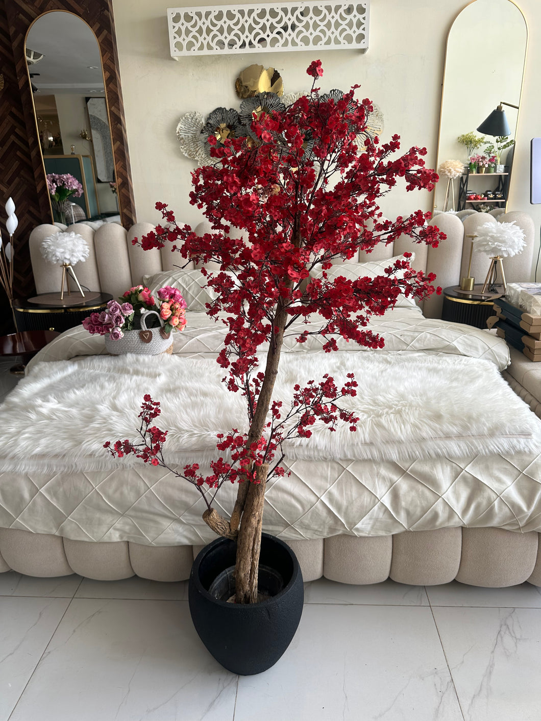 Faux Eucalyptus Maroon flower Plant (medium) with Hugo planter Black