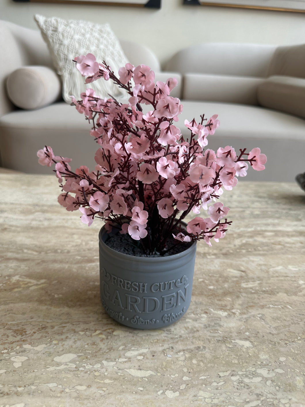 Pink Eucalyptus with Grey Planter