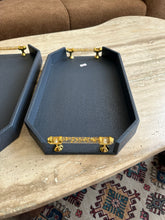 Blue Leather Tray set with Gold handles 024