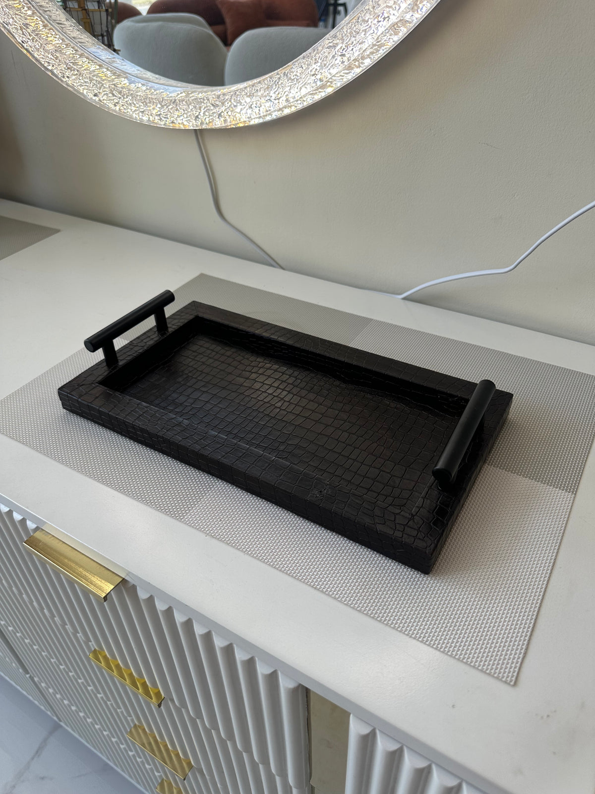 Leather Tray Black with metal handles 010
