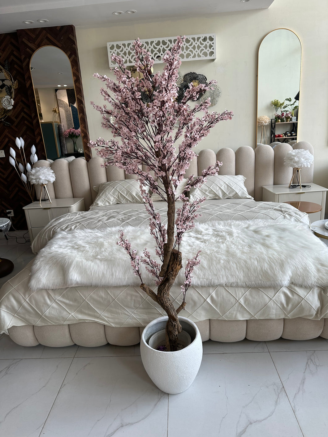 Faux Eucalyptus light pink flower Plant (medium) with Hugo planter White