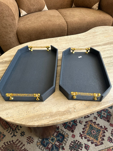 Blue Leather Tray set with Gold handles 024
