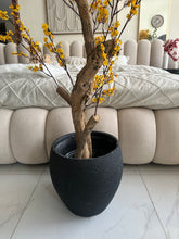 Faux Eucalyptus Yellow flower Plant (medium) with Hugo planter Black