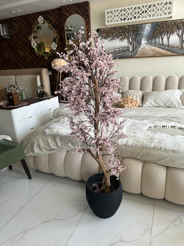 Faux Eucalyptus light pink flower Plant (medium) with Hugo planter Black