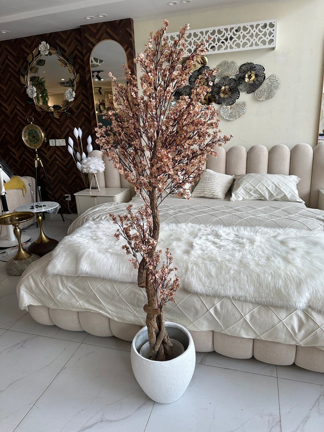 Faux Eucalyptus Beige flower Plant (medium) with Hugo planter White