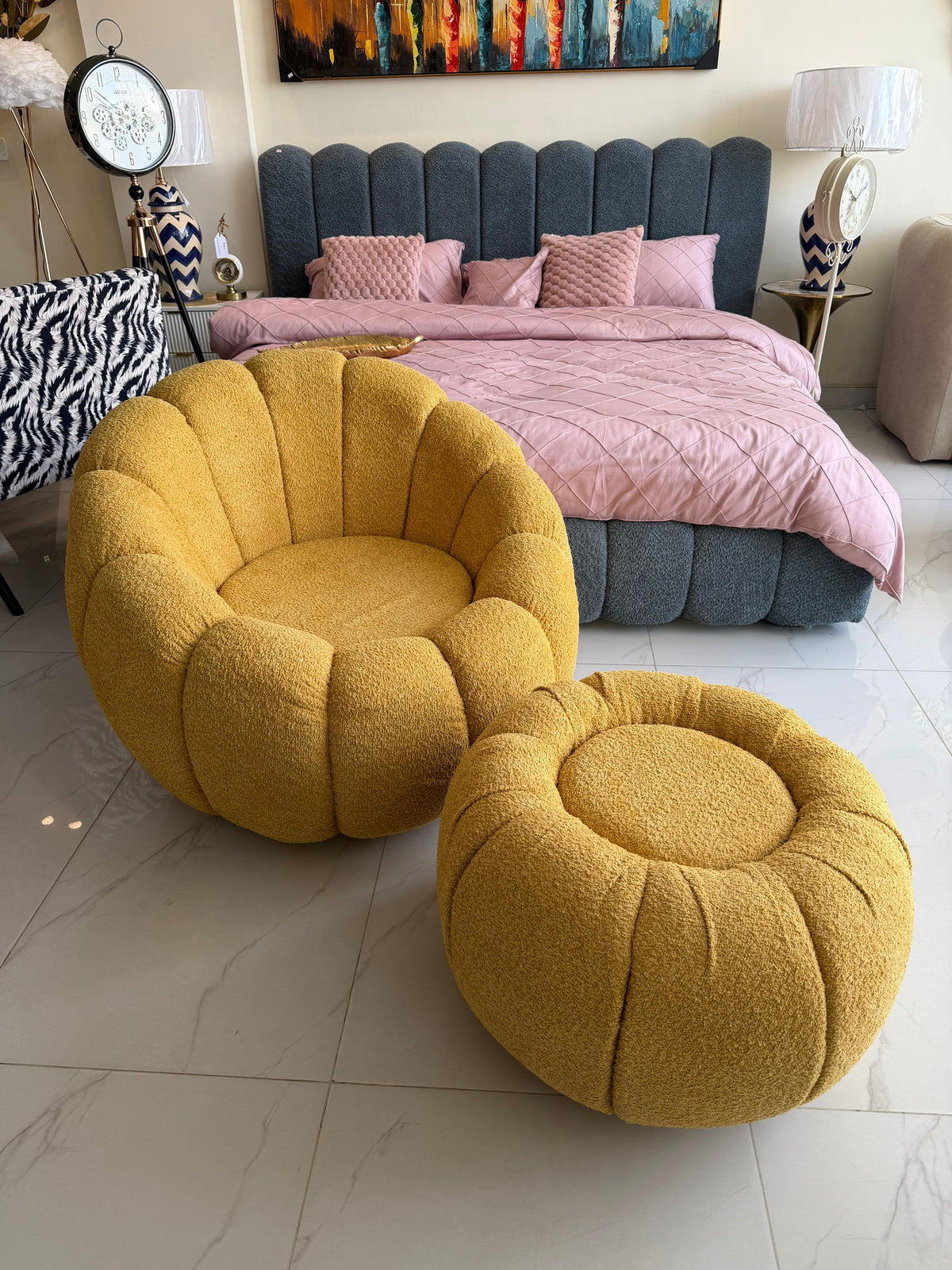 Pumpkin Boucle chair and Stool