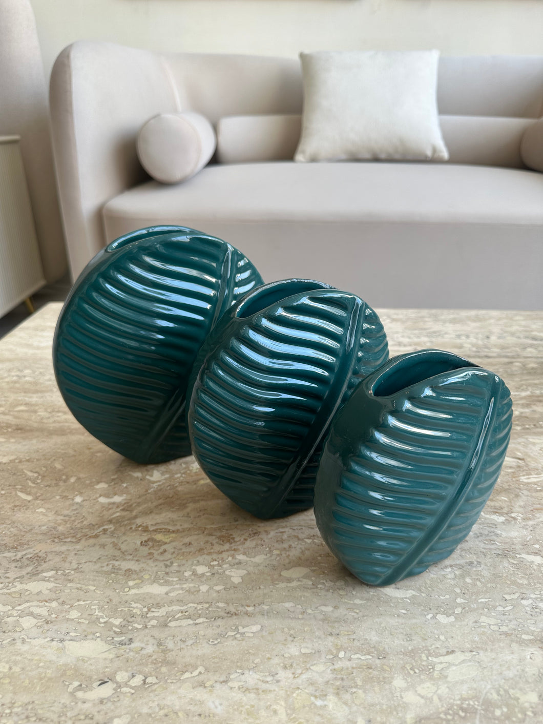 Leaf Vase set of 3 Teal Color