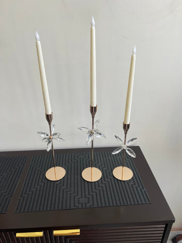Set of 3 candle stands Gold Crystal flowers