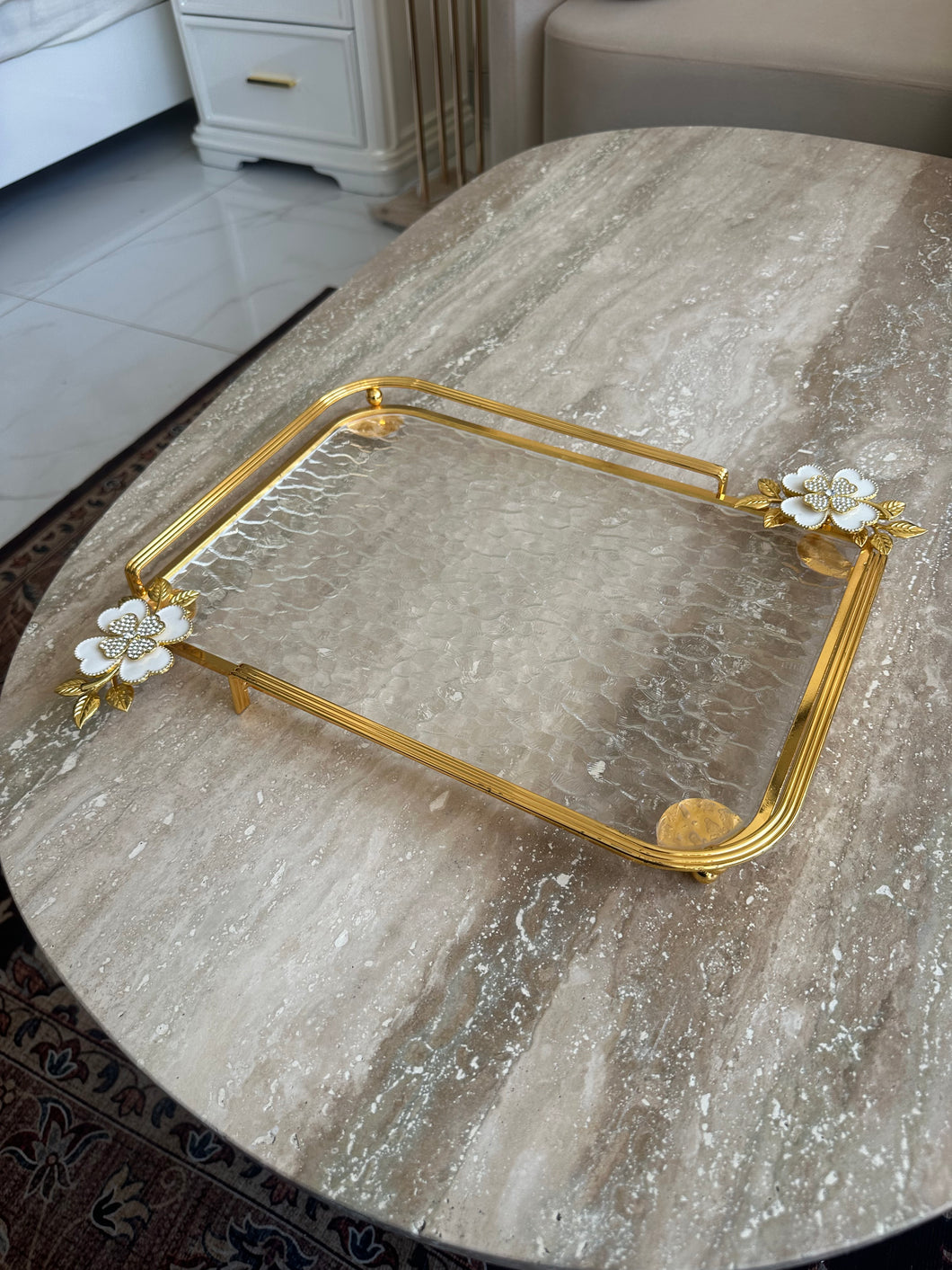 Metallic flower tray with textured glass