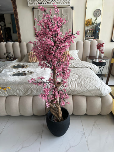 Faux Eucalyptus Pink flower Plant (medium) with Hugo planter Black