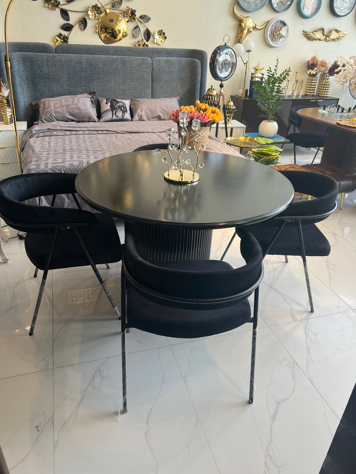 4 Seater Black Velvet Dining Table
