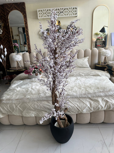 Faux Eucalyptus White flower Plant (medium) with Hugo planter Black