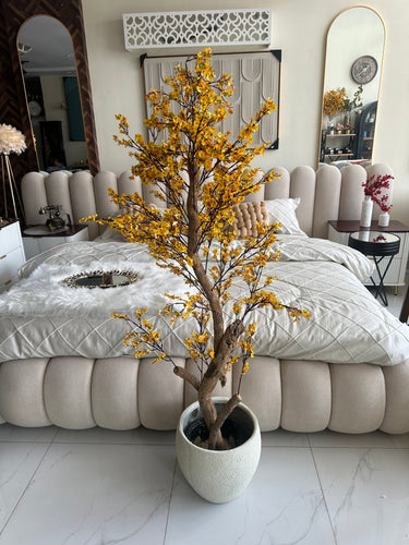 Faux Eucalyptus Yellow flower Plant (medium) with Hugo planter White