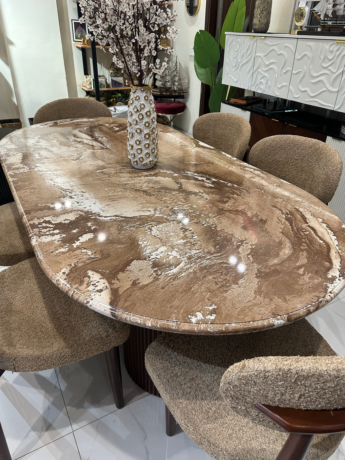 Marble Texture Dining table with Woody Chairs 04