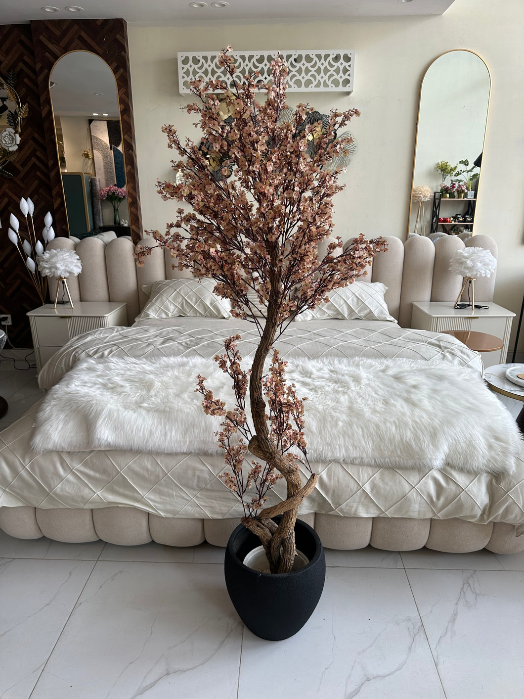 Faux Eucalyptus Beige flower Plant (medium) with Hugo planter Black