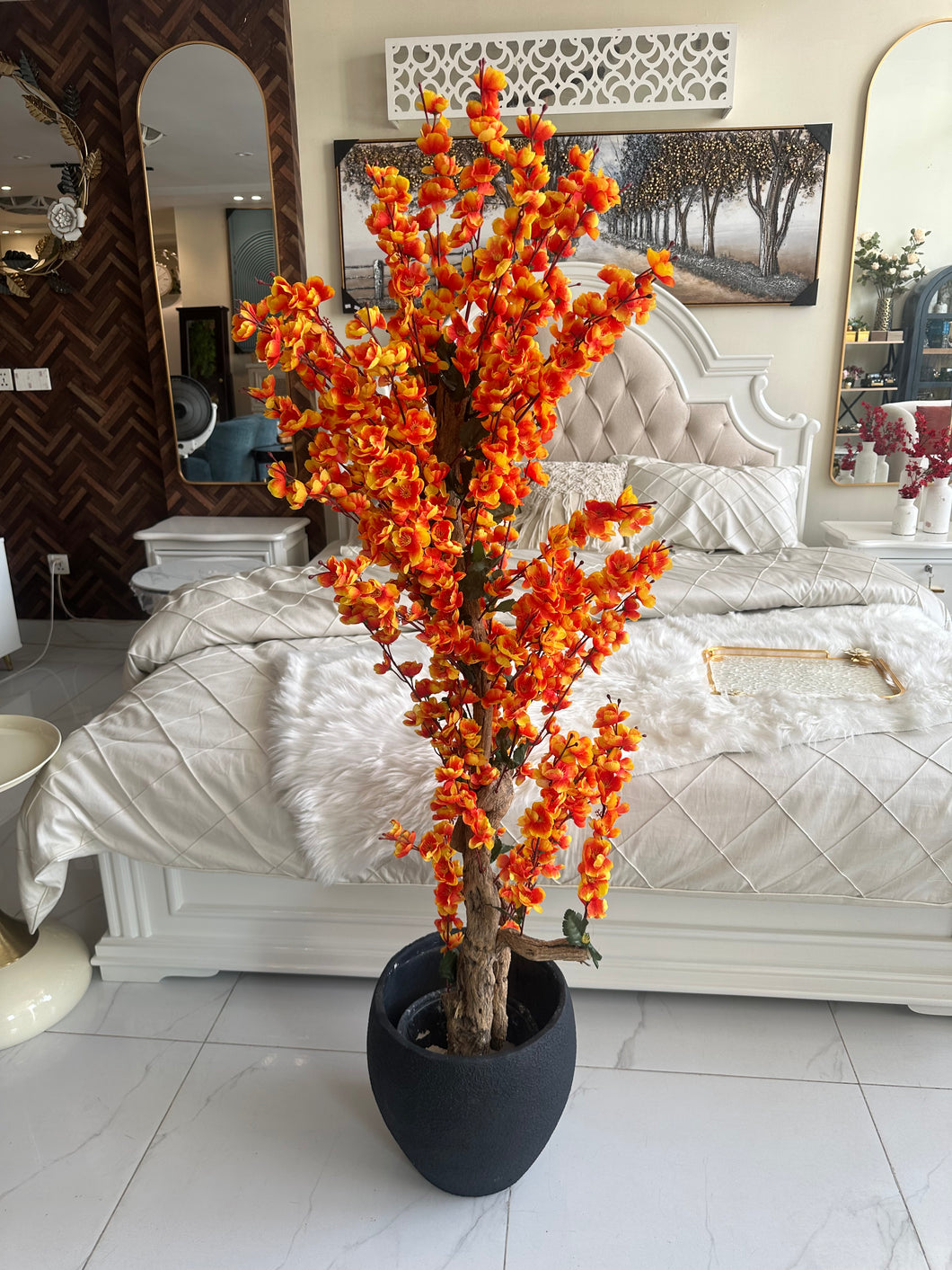 Orange Blossom Flower Plant with textured Planter Black