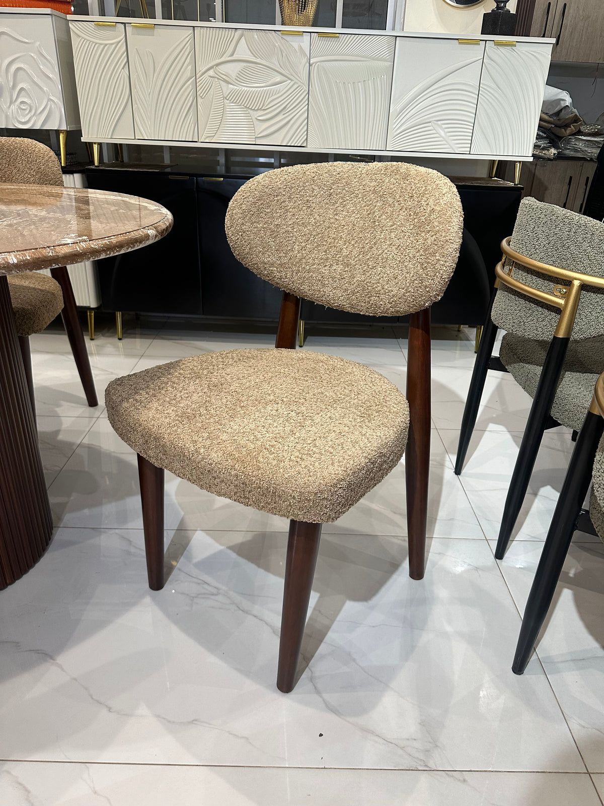 Marble Texture Dining table with Woody Chairs 04