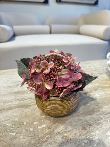 Pink Hydrangeas in Rustic basket
