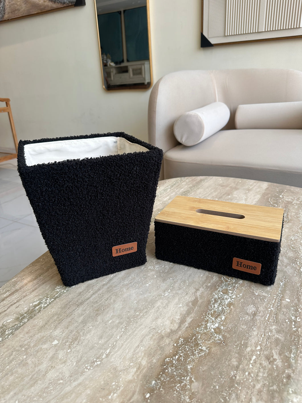 Black boucle tissue box and Storage box