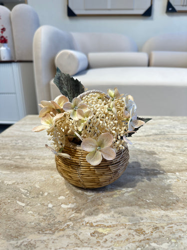 White Hydrangeas in Rustic basket