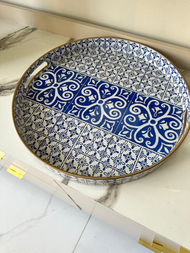 Printed round tray Blue & White