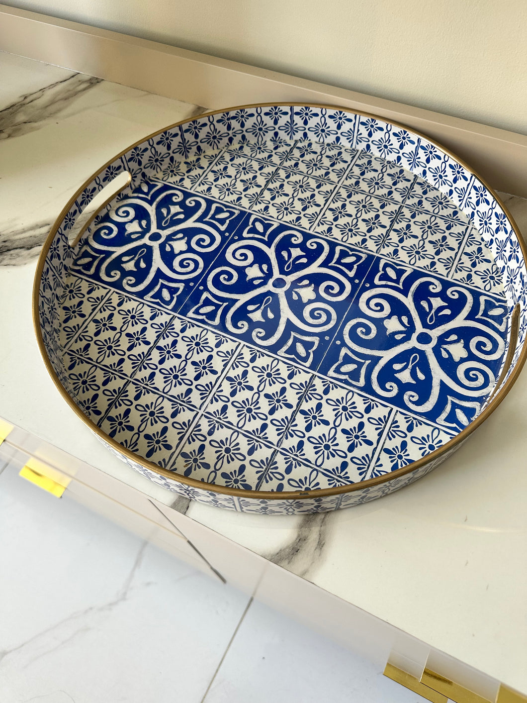 Printed round tray Blue & White