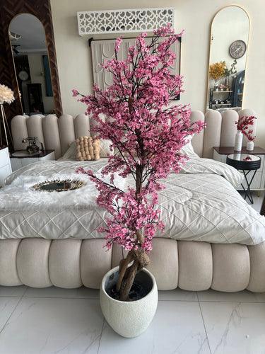 Faux Eucalyptus Pink flower Plant (medium) with Hugo planter White