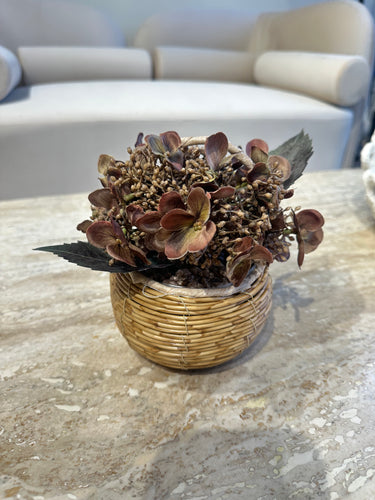 Brown Hydrangeas in Rustic basket